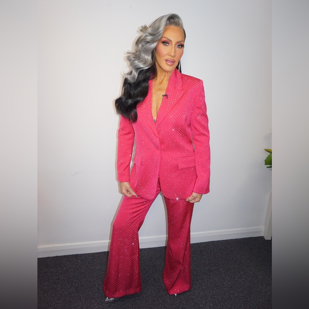 🚨WORN ON TV🚨 NADINE MERABI pink w/sparkle gems blazer pant suit size s/m